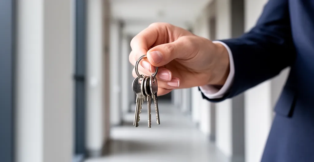 Main tendant un trousseau de clés devant une porte d'entrée d'appartement